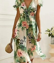 ieftine -Pentru femei Rochii Midi Rochie A line Casual În aer liber Ieșire Plajă Fit standard Floral Grafic Manșon scurt În V Trifoi Vară Primăvară
