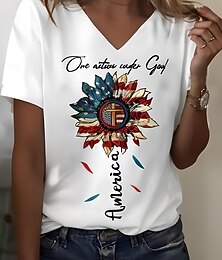 abordables -T-shirt Patriotiques pour Femmes Graphique Drapeau Américain Vintage Élégant Classique Manches Courtes Col en V Tops Réguliers Imprimé Week-end Noir Blanc Jaune Bleu Été Printemps