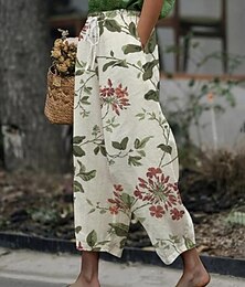 abordables -Femmes Pantalon en coton et lin Pantacourt Streetwear Boho Longueur cheville Taille Moyenne Fleuri Taille Élastique Confortable Tenue quotidienne Sortir Blanche Été Printemps Coupe régulière