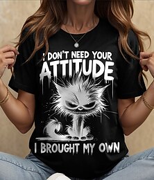 abordables -Mujer Camiseta Graphic Animal Gato Vintage Elegante Clásico Manga Corta Cuello Barco Escote Redondo Tops regulares Diario Fin de semana Estampado Negro Blanco Verano Primavera