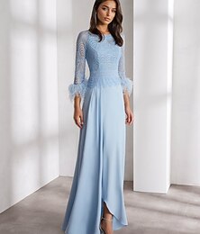 ieftine -Rochie de seară în formă de A Elegantă Rochie Formală pentru Nuntă Lungime la podea Mâneci lungi Gât rotund Chiffon cu volane de pene