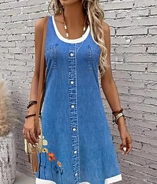 preiswerte -Damen Minikleid Sommerkleid A Linie Kleid Urlaub Lässig Täglich Normale Passform Blumen Grafik Ärmellos U-Ausschnitt Blau Dunkelblau Sommer