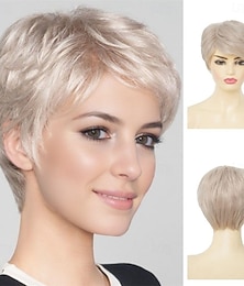 levne -Dámská krátká bílá blond paruka s střihem pixie, rovná boční část, vrstvené vlasy, roztřepené syntetické vlákno, paruky pro starší dámy pro každodenní nošení