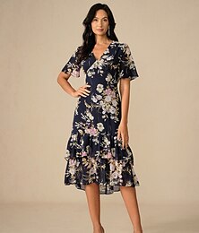 economico -Per donna Vestito longuette Abiti in chiffon Elegante Manica svasata Da mare Giornaliero Appuntamento Standard Floreale Manica corta A V Blu scuro Estate