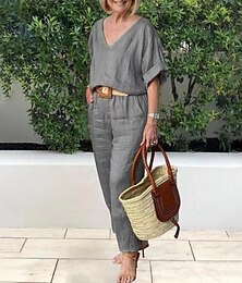 abordables -Femmes Actif Basique Chemises en coton et lin Chemisier Ensembles de Pantalons Manche Courte Col en V Couleur Unie Vacances Décontracté Quotidien Jaune Vert Véronèse Bleu Marine Été Coupe régulière