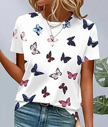 abordables -Mujer Camiseta Graphic Animal Mariposa Vintage Elegante Clásico Manga Corta Cuello Barco Escote Redondo Tops regulares Diario Fin de semana Estampado Blanco Verano Primavera