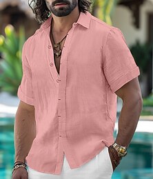 billiga -Herr Skjorta Linneskjorta Sommarskjorta Button Down skjorta Casual skjorta Strandskjorta Ensfärgat Semester Dagligen Svart Vit Rodnande Rosa Blå Kortärmad Krage Sommar Kläder