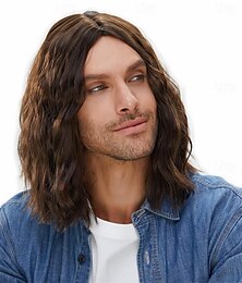cheap -Long Wavy Men Wig for Party Curly Wigs for Man Male Hippie Rocking 70s 80s Them Party Cosplay Costume Anime Heat Resistant Synthetic Hair Wig With Cap