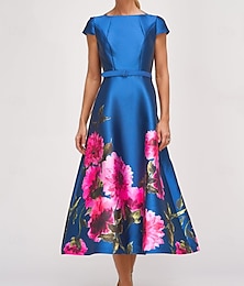preiswerte -A-Linie Cocktailkleider Hohe Schlitzkleid Formelles Hochzeitsgast Knöchellänge Kurzarm Juwelen-Ausschnitt Tasche Satin mit Floralprint Tasche Derbykleider Hochzeitsgastkleid 2025