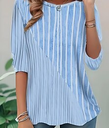 abordables -Mujer Camiseta Graphic Geométrico A Rayas Elegante Vintage Moda Manga Larga Cuello Barco Escote Redondo Tops regulares Diario Noche Fin de semana Estampado Rosa Azul Piscina Verano Primavera