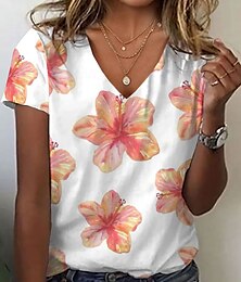 economico -Per donna Maglietta Floreale Grafico Vintage Elegante Classico Manica Corta Scollo a V Top Regolari Quotidiano Stampato Arancione Estate Primavera