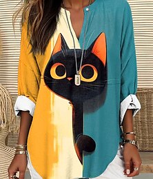 economico -Per donna Top estivi Grafico Animale Gatto Vintage Tropicale Hawaiano Manica Lunga Scollo a V Top Regolari Quotidiano Ferie Abbigliamento mare Stampato Giallo Verde chiaro Blu Arancione Verde Estate