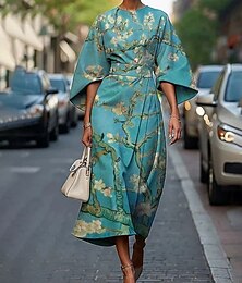 olcso -Női Midi ruha Virágos ruha Nyomtatott ruha Elegáns Divat Szabadtéri Vakáció Napi Normál Virág Féhosszú Terített nyak Fekete Arcpír rózsaszín Medence Bíbor Nyár