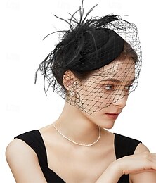 voordelige -Fascinator hoed sluier veer fascinator theekransje bruidssluier retro hoed pillbox derby hoeden voor vrouwen