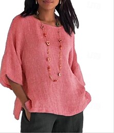 economico -Per donna Camicia Camicie di cotone e lino Camicia in cotone e lino Blusa Tinta unica Elegante Casual Manica 3/4 Girocollo Top Regolari Lavoro Quotidiano Uscire Patchwork Giallo Rosa Blu Grigio