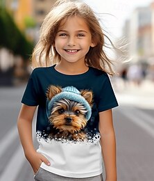 ieftine -Fete 3D Câțel Tricou Manșon scurt Vară Primăvară Modă De Bază Copii 4-12 ani Stil Nautic În aer liber Casual Zilnic Fit regulat