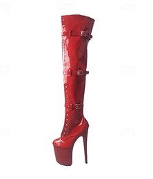abordables -Bottes à plateforme hautes en cuir verni rouge pour femmes – Bottes à talons aiguilles à boucle au-dessus du genou pour tenues de club, cosplay et spectacles de danse exotique