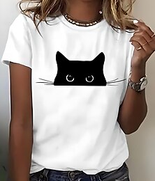 baratos -Mulheres Camiseta Gráfico Animal Gato Vintage à moda Clássico Manga Curta Gola Redonda Decote Redondo Tops regulares Diário Final de semana Imprimir Preto Branco Rosa Azul Roxo Verão Primavera