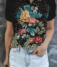 baratos -Mulheres Camiseta Tops de verão Floral Gráfico Clássico Casual Manga Curta Gola Redonda Tops curtos Diário Final de semana Imprimir Arco-íris Verão Primavera Outono