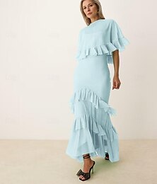 abordables -Robe de mère de la mariée A-Line Bords bruts Simple Minimaliste Col bateau Longueur de sol en mousseline de soie Manches courtes avec volants en cascade