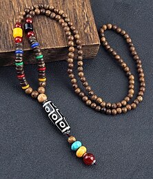 levne -Pánský náhrdelník z přírodních dřevěných korálků s tibetským totemovým přívěskem, boho etnický styl s dlouhým řetízkem pro meditaci, jógu, duchovní setkání a ležérní letní outfity.