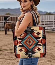 economico -Borsa tote grande da donna stampata con tasca con cerniera, motivo tribale bohémien, borsa a tracolla in poliestere resistente per viaggi, shopping e uso quotidiano
