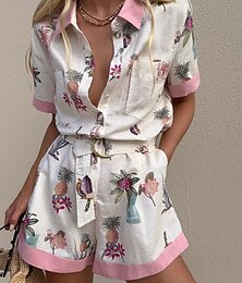 economico -Per donna Normale Pagliaccetto Attivo Floreale Manica Corta Corte Pantaloncini larghi Colletto a Camicia Tasca Con Cintura Streetwear Quotidiano Vestibilità regolare Rosa Estate