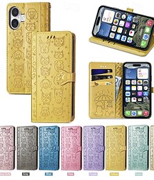 Недорогие -телефон Кейс для Назначение iPhone i16 15 14 Pro Max Plus 16e 13 12 11 Pro Max Кошелек для карт Откидная крышка с ремешком на запястье Защита от удара Кот С собакой ТПУ Кожа PU