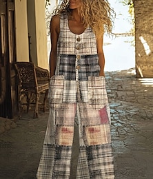 abordables -Mujer Normal Mono Casual Plaid Sin Mangas Perneras anchas Escote Redondo Retazos Calle Diario Ajuste regular Blanco Verano