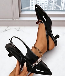 preiswerte -Damen-Slingback-Pumps aus schwarzem Lackleder mit Metallschnalle – spitze Büroschuhe für die Arbeit, Meetings und Abendveranstaltungen