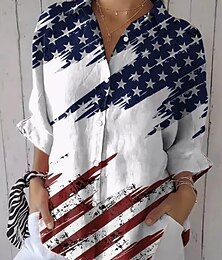 ieftine -Cămașă femei patriotică grafică steag SUA vintage de zi cu zi stilat topuri obișnuite de lucru print alb albastru khaki primăvara