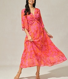 ieftine -Pentru femei Rochie Maxi Rochie A line Elegant Mânecă evazată Invitat la nunta Petrecere cu cocktail Fit regulat Floral Lungime Manșon 3/4 În V Roșu-aprins Vară