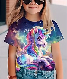 voordelige -Voor meisjes 3D Eenhoorn T-shirt Korte mouw Zomer Lente Modieus Basic Kinderen 4-12 jaar Strakke ronde hals Buiten Casual Dagelijks Normale pasvorm