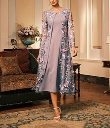 abordables -Femmes Robe Midi Robe fourreau Robe avec veste cocktail Robes semi-formelles Formel Soirée robe demoiselle d honneur Coupe régulière Fleuri manche longue Col ras du cou Gris Rose Printemps Automne