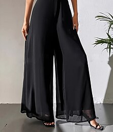 abordables -Femmes Jambe large Chinos Vacances ancien Mode Longueur complète Taille haute Uni Avec Poches Ceinture Élastique Confortable Doux Micro-Élastique Extérieur Rue Noir Été Printemps Coupe Ample
