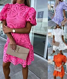 economico -Per donna Mini Abito Abiti in cotone e lino Vestito Casual Moda All'aperto Feste Ferie Vestibilità regolare Semplice Manica Corta Dolcevita Bianco Viola Rosso rosa Estate