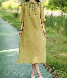 abordables -Femmes Robe Midi Robe en coton et lin Robe Fleurie Mode Moderne Vacances Quotidien Fête Coupe régulière Fleur Demi Manches Col montant Rose Claire Bleu Vert Abricot Été