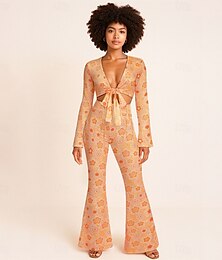billige -Retro / vintage 1970erne Drakter Avskåret topp Bell Bottom Bukser Hippie Sløyfer Blomstret Dame Halloween Karneval Maskerade Fest Dagligdagstøy Voksne Topp Bukser Vår sommer