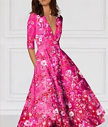 economico -Abito da cocktail elegante a trapezio, floreale, formale, da sposa, lunghezza alla caviglia, manica corta, scollo a V, abito rosa in crêpe elasticizzato con tasca ricamata 2025