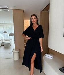 economico -Per donna Abito Midi Vestito a ruota Abito Estivo Elegante Quotidiano Uscire Abito Estivo Vestibilità regolare Colore Puro Mezza Manica Scollo a V Nero Verde Albicocca Estate