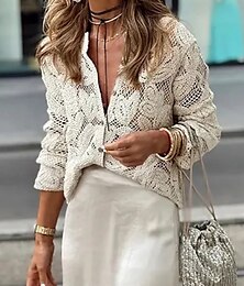 baratos -Mulheres Camisa Social Blusa Tecido Casual Manga Longa Gola Redonda Tops regulares Diário Para Noite Renda Branco Verão