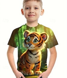 economico -Ragazzi 3D Animale Tigre Maglietta Manica Corta Estate Primavera Moda Essenziale Bambini 4-12 Anni Girocollo All'aperto Casuale Quotidiano Vestibilità regolare