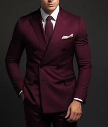 economico -Abiti da uomo, abiti da lavoro, viola uva, verde militare, formali, tinta unita, vestibilità standard, 2 pezzi, doppiopetto, sei bottoni
