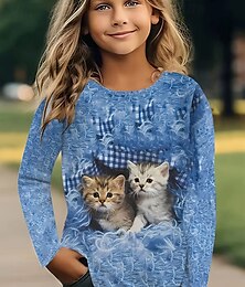 billiga -Flickor 3D Djur Katt T-shirt Långärmad Vår Höst Mode Grundläggande Barn 4-12 år Rund hals Utomhus Ledigt Dagligen Normal