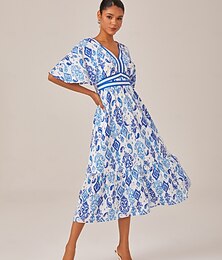 economico -Per donna Femminile Vestito Casual Abito Midi Blu reale Maniche Corte Geometrico Arte astratta Volant Stampato Estate Scollo a V Vacanza Stile Boho XS S M