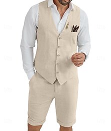 economico -Gilet da uomo in lino, completo da matrimonio, pantaloncini, estivo, tinta unita, formale, azzurro cielo, blu navy scuro, colorato, casual, 2 pezzi, vestibilità su misura.