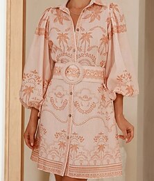 abordables -Femmes Robe Longue Maxi Robe Robes en coton et lin Robe Décontractée Mode Extérieur Soirée Fête Coupe régulière Fleur manche longue Col de chemise Rose Claire Bleu Été