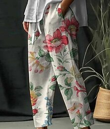 abordables -Mujer Pantalones de lino y algodón Pantalones Cortos Ropa de calle Boho Hasta el Tobillo Media cintura Floral Cintura elástica Cómodo Ropa Cotidiana Noche Rosa Rojo Verano Primavera Ajuste regular