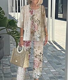 economico -Completo da Donna di 2 Pezzi Moda Streetwear Pantaloni Giornalieri Manica 3/4 Collo Rotondo Stampa Grafica Floreale Casual Giornaliero Blu Reale Blu Verde Estate Vestibilità Regolare