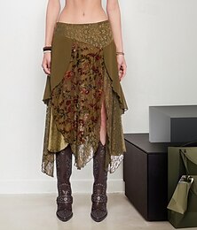 economico -Per donna Gonna Moda Boho Midi Vita media Gonne Floreale Pizzo Splice Stampato Micro-elastico Vacanza Streetwear Marrone Estate Poliestere